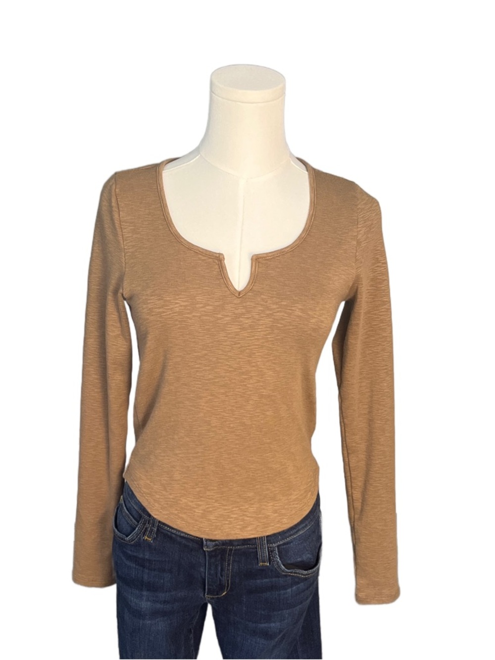 Madewell Tan Notch-Neck Long Sleeve Top Size S